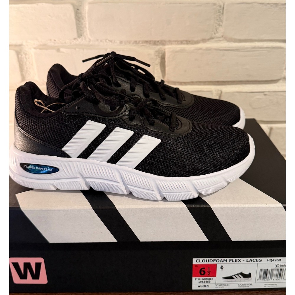 Adidas Cloudfoam Flex Laces Women 6.5 Black White Sneakers Athleisure Sporty Gym